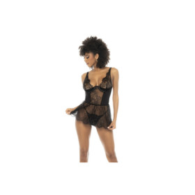 Nuisette noir Raven, en dentelle et résille, avec armatures, bretelles réglables, laçage dans le dos 
